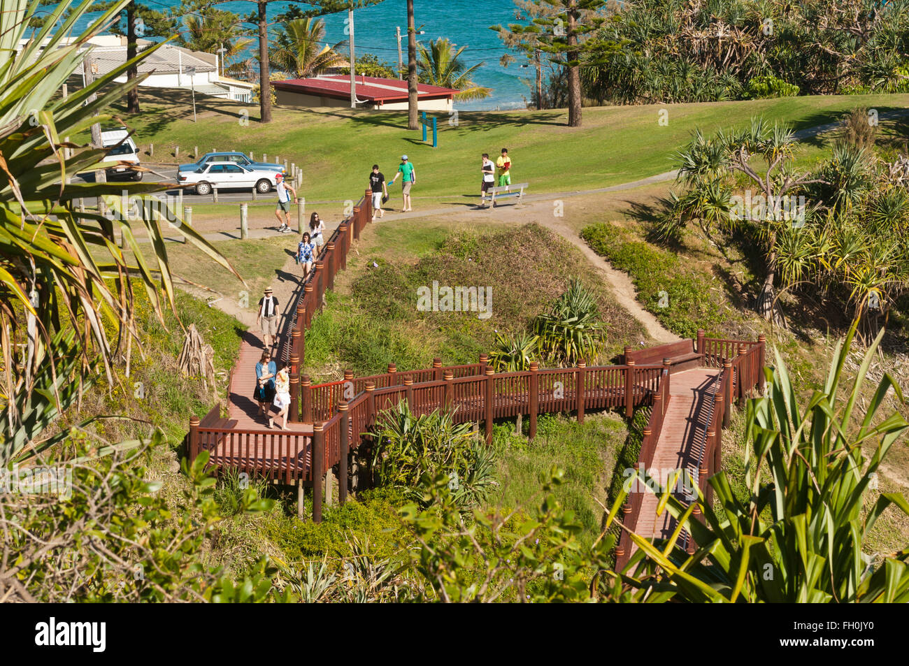 Coolangatta, Gold Coast, Queensland, Australia, Spiaggia, Boardwalk, alberi, natura, riattivazione Foto Stock