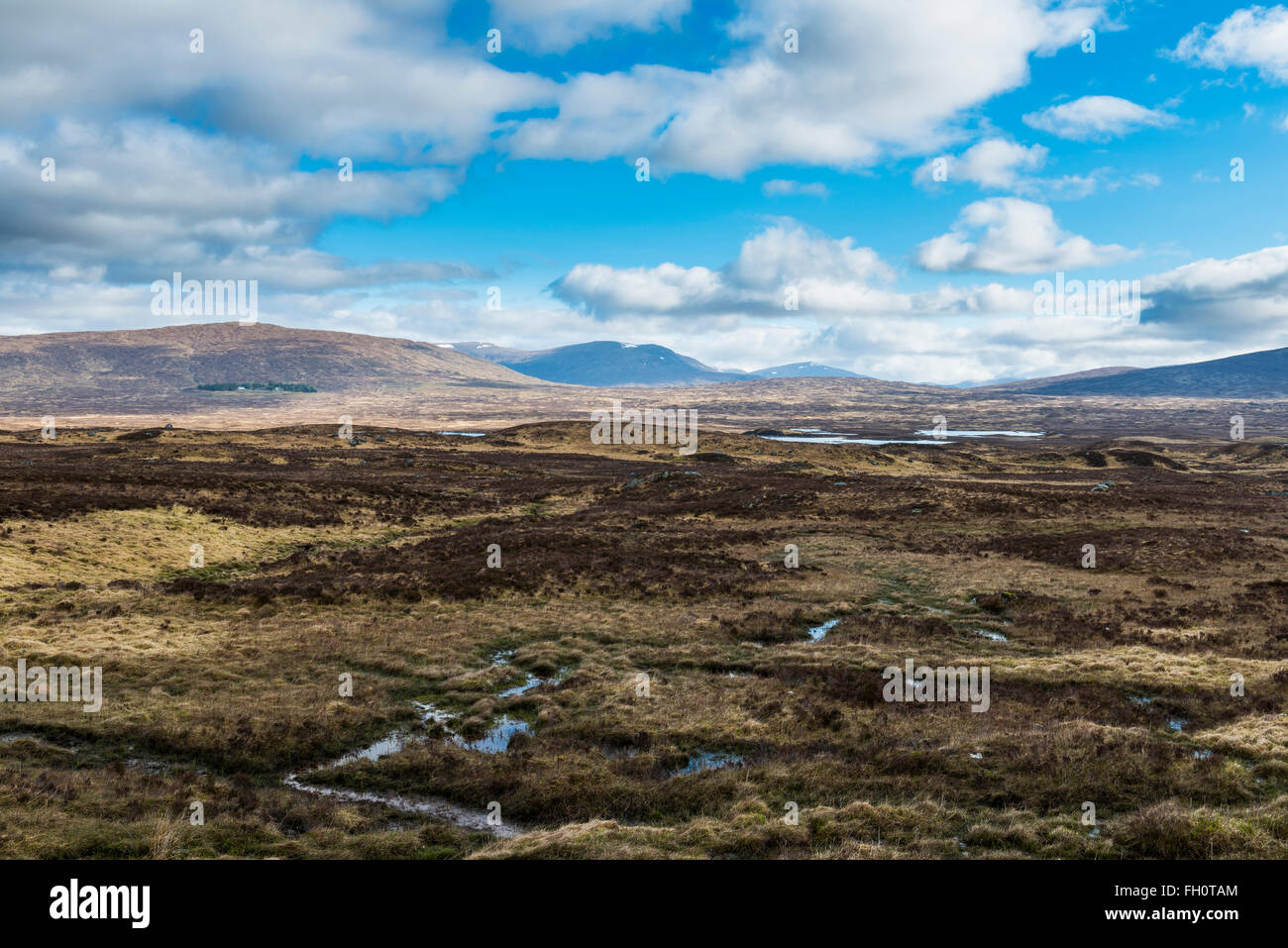 Tipico Highlands scozzesi con montagne, colline, creek, erica e nuvole nel cielo. Foto Stock