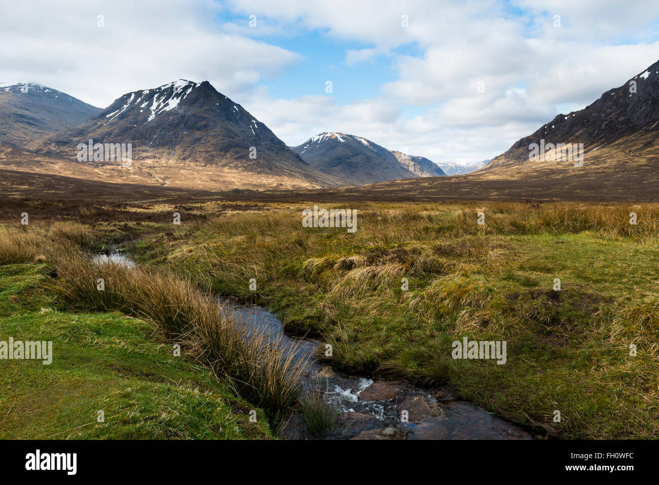 Tipico Highlands scozzesi con montagne, colline, creek, erica e nuvole nel cielo. Foto Stock