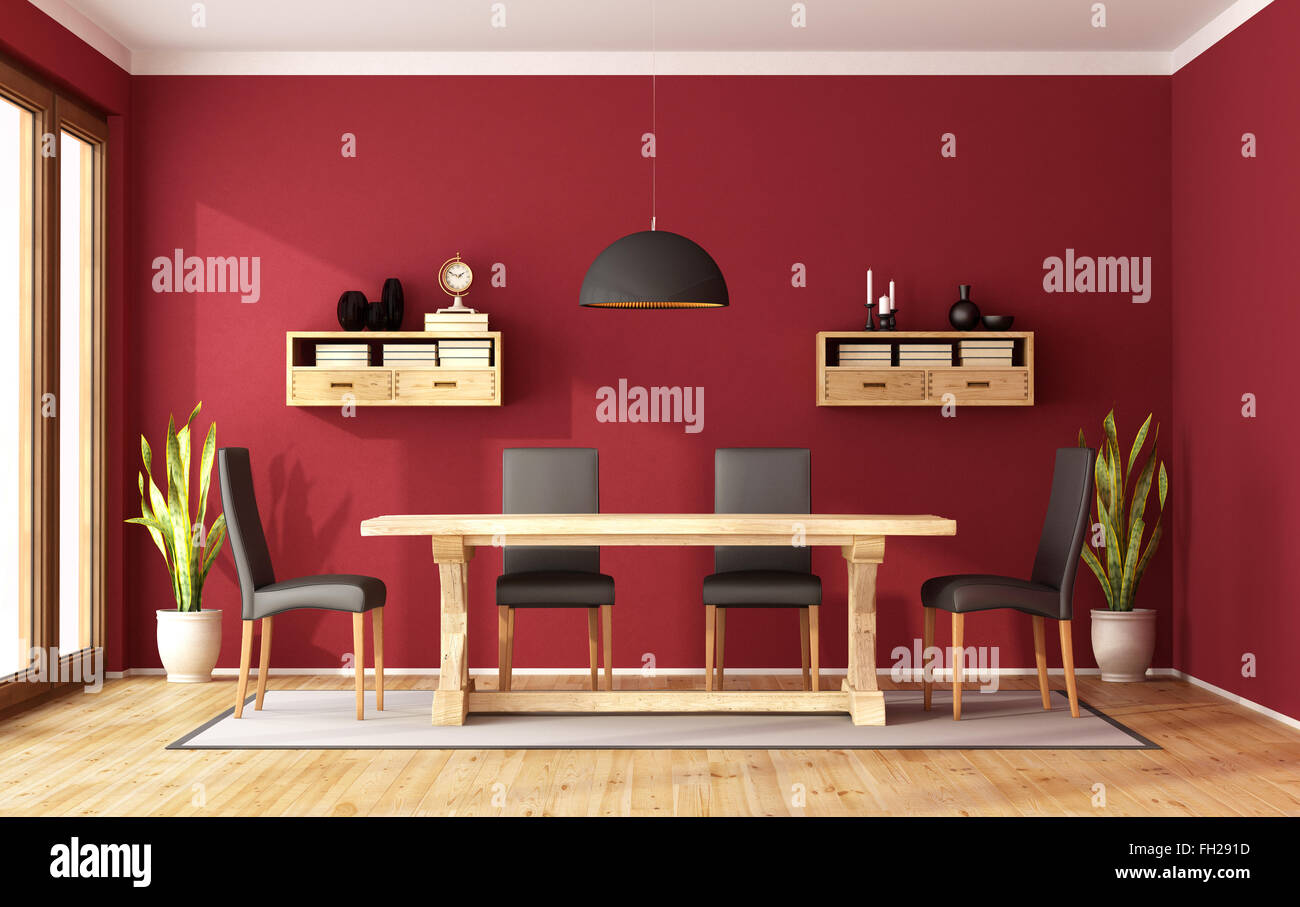 Red sala da pranzo con tavolo rustico e sedia moderna - il rendering 3D Foto Stock
