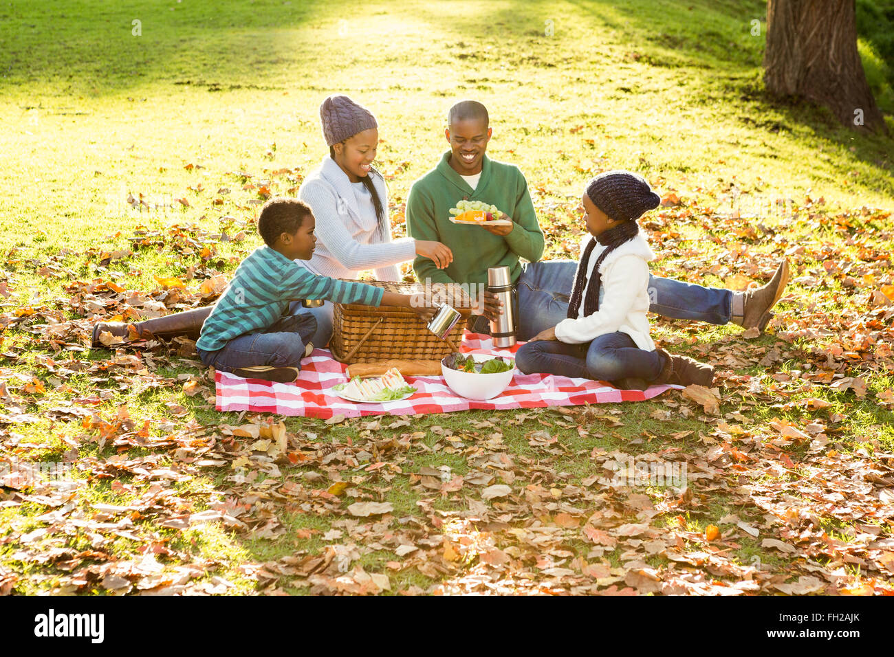 La famiglia felice picnic nel parco insieme Foto Stock