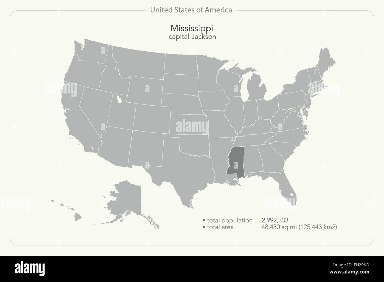 Stati Uniti d'America mappa isolato e Mississippi State territorio. vettore politico USA mappa geografica modello di pagina di intestazione Illustrazione Vettoriale