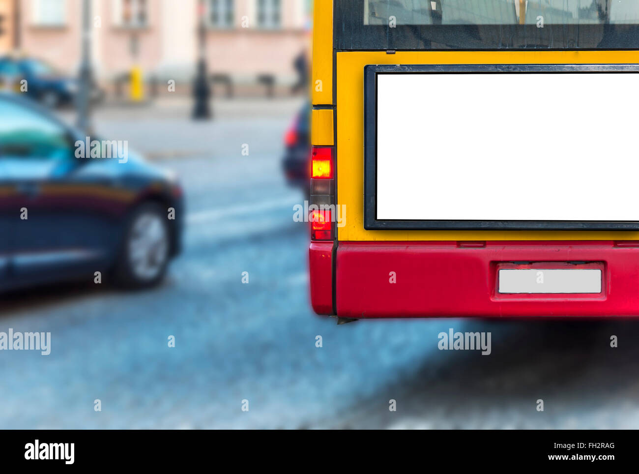 Tabellone in bianco sulla parte posteriore di un autobus per la pubblicità Foto Stock