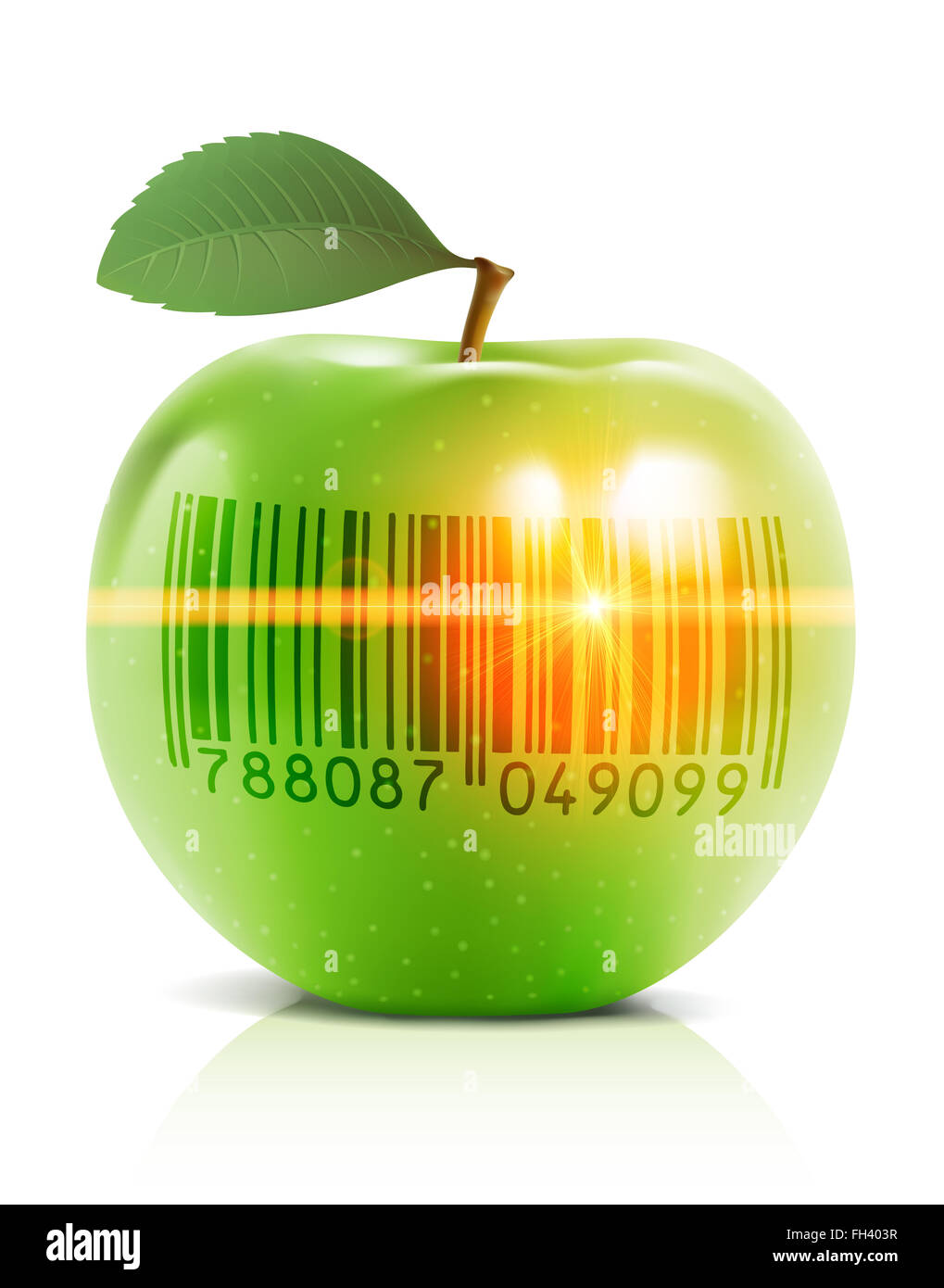 Verde mela con codice a barre e di raggio laser Foto Stock