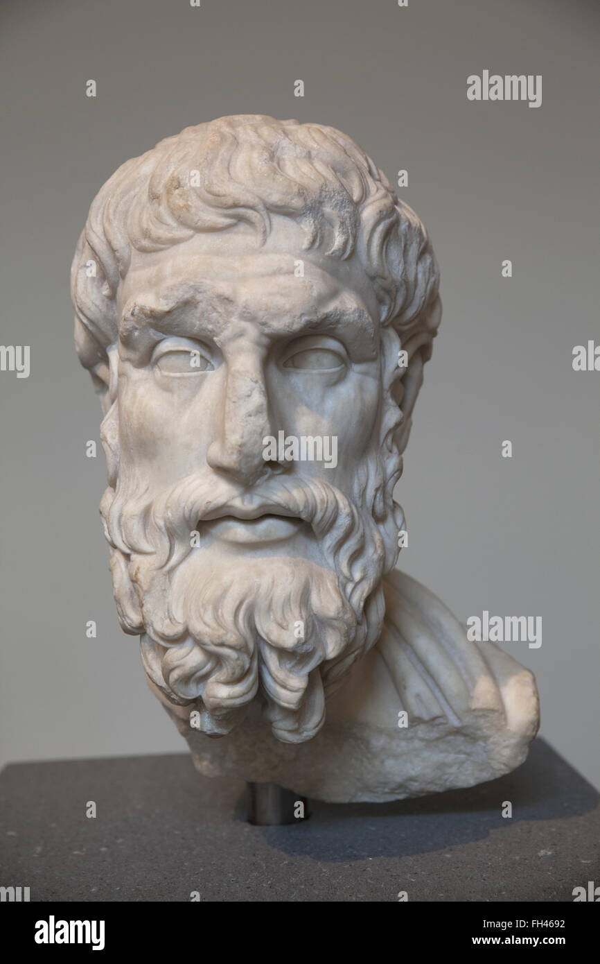 Testa di marmo Epikouros di, famoso filosofo greco di età ellenistica. Copia romana, II secolo D.C. Metropolitan Museum of Art di New York City Foto Stock