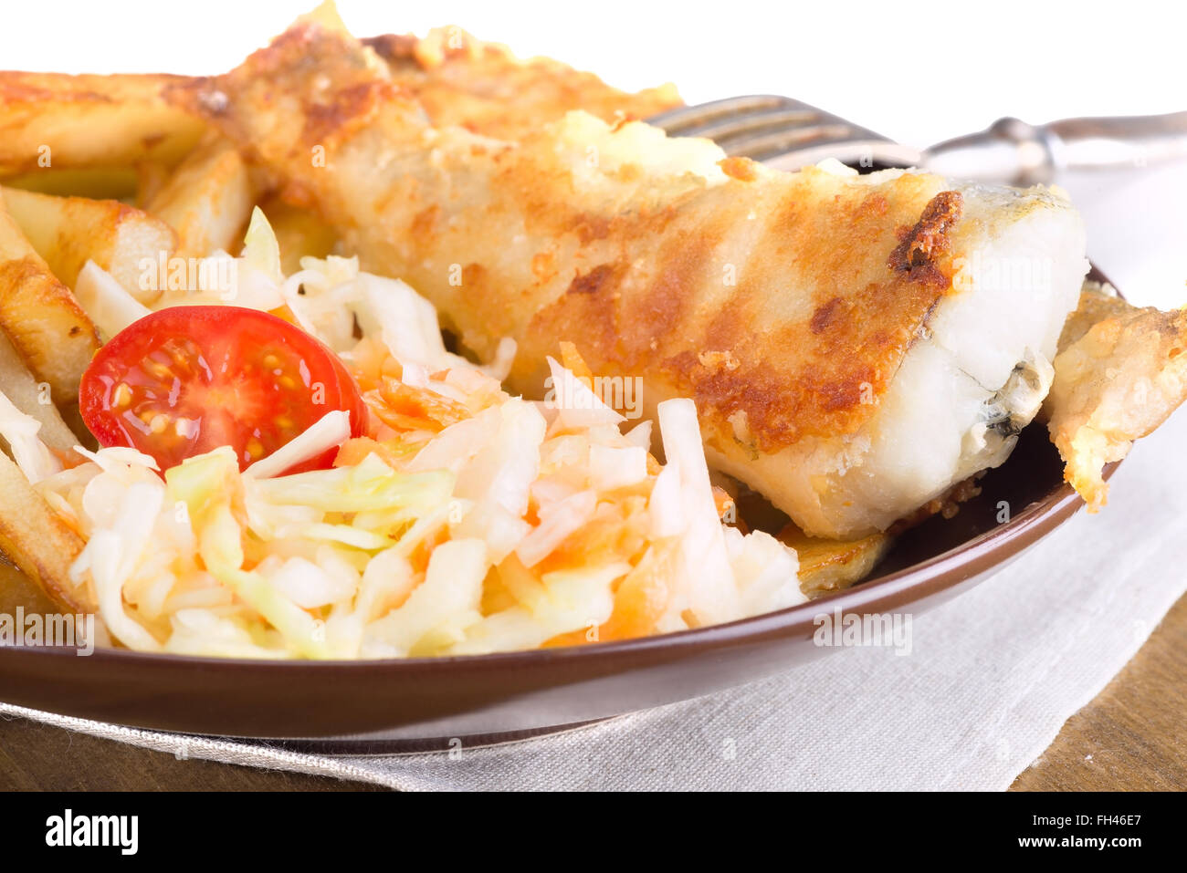 Pesce fritto - Zafferano merluzzo con patate e verdura Foto Stock