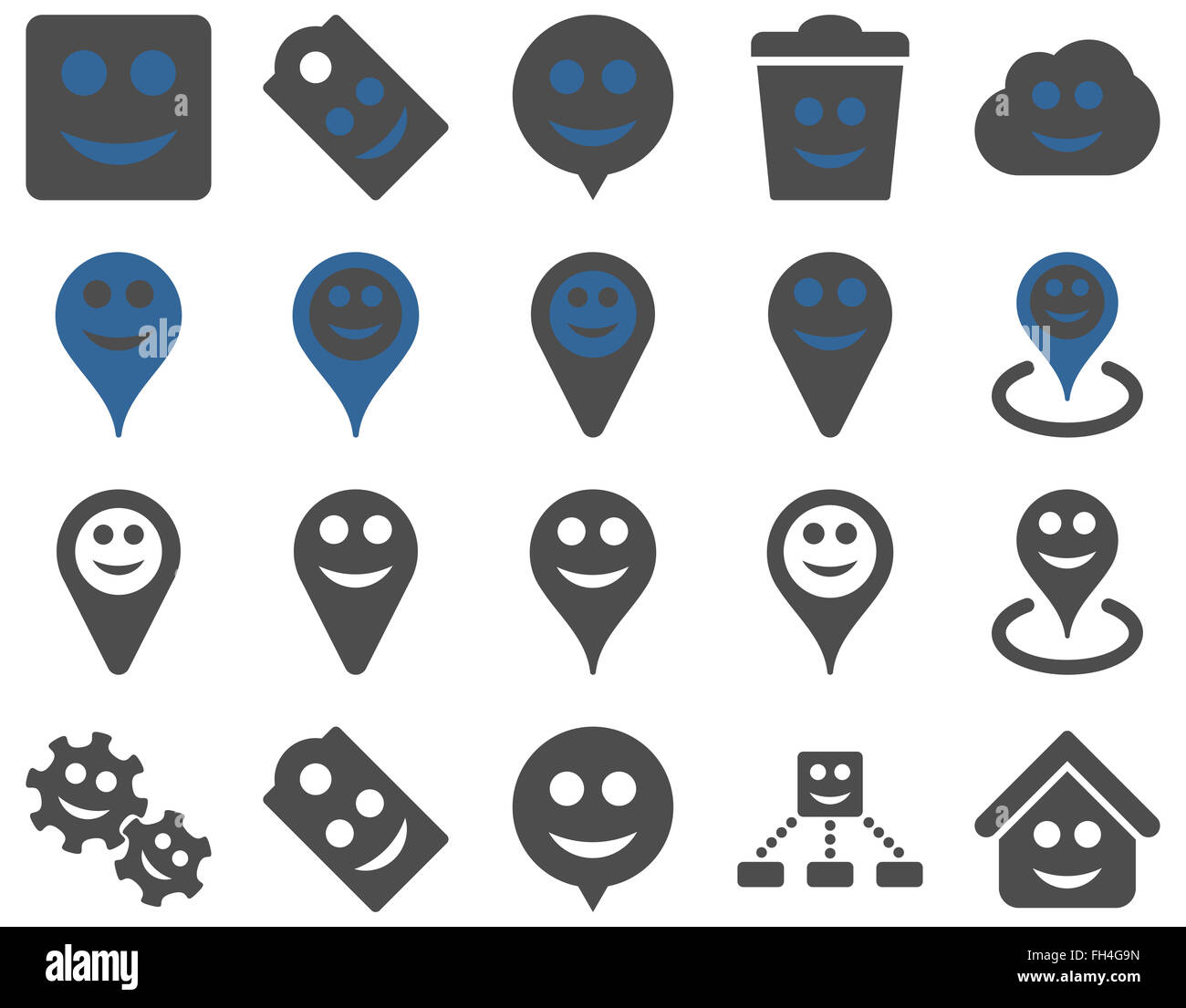Strumenti, emozioni, sorrisi, i marcatori mappa icone Foto Stock