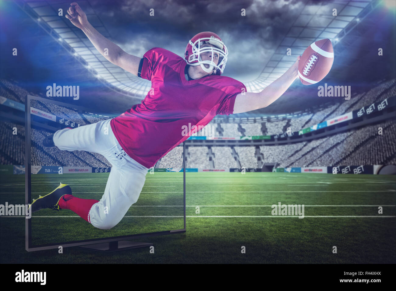 Immagine composita del giocatore di football americano segnando un touchdown Foto Stock