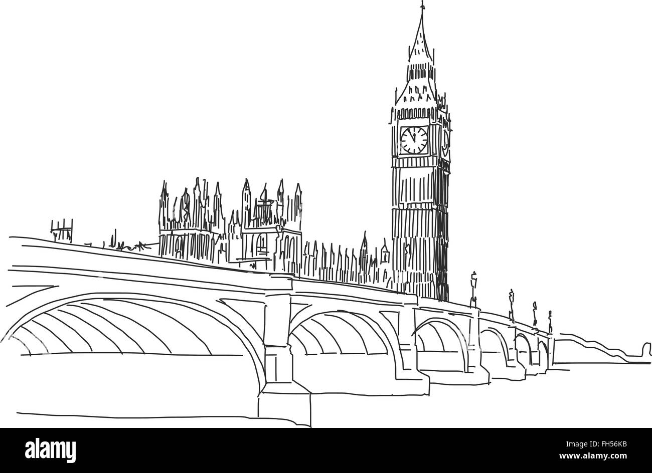 Disegnato a mano vista popolare al Big Ben e a Westminster Bridge contorno disegno vettoriale Illustrazione Vettoriale