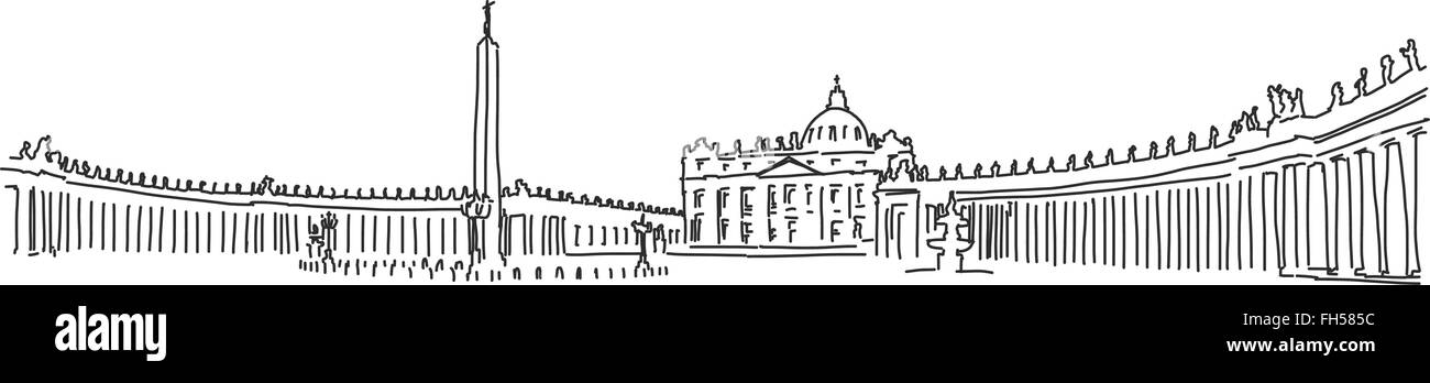 Disegnata a mano Piazza San Pietro e la Basilica di San Pietro. Vaticano. Schizzo di contorno. Illustrazione Vettoriale