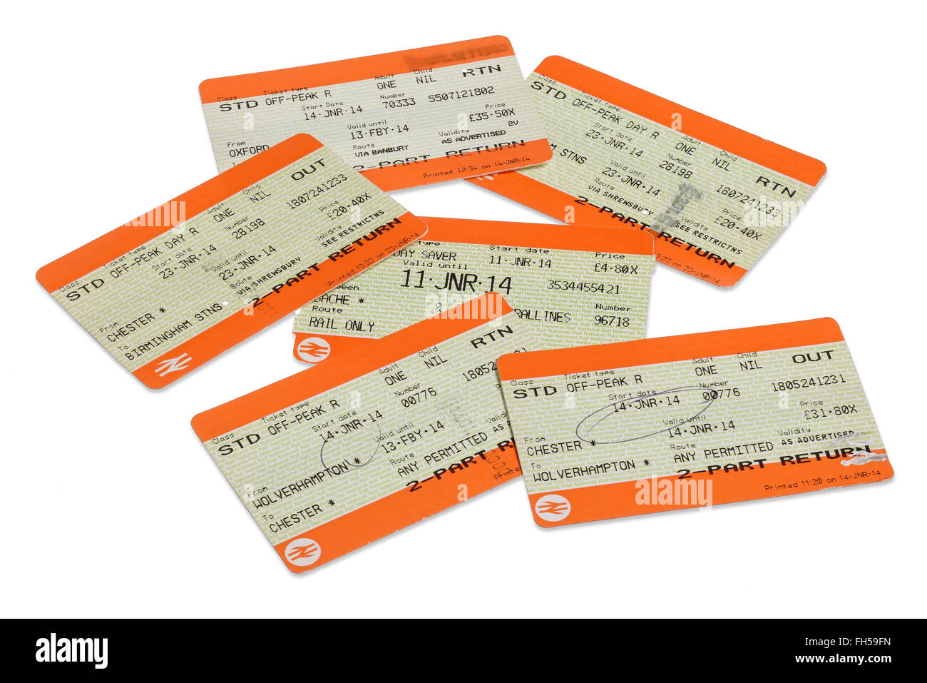 Raccolta di biglietti utilizzati per il Regno Unito per i viaggi in treno Foto Stock