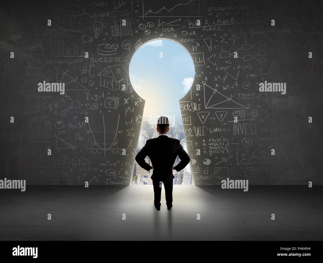 Business man guardando a toppa di chiave con un luminoso paesaggio concetto Foto Stock