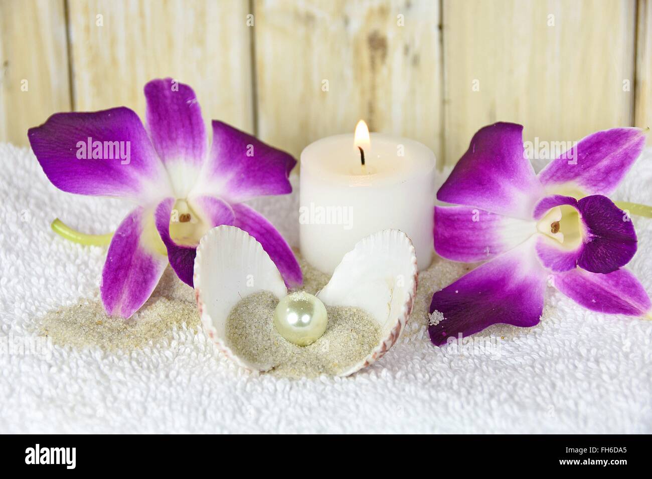 Orchidee tropicali con candela e pearl in conchiglia con sabbia. Foto Stock
