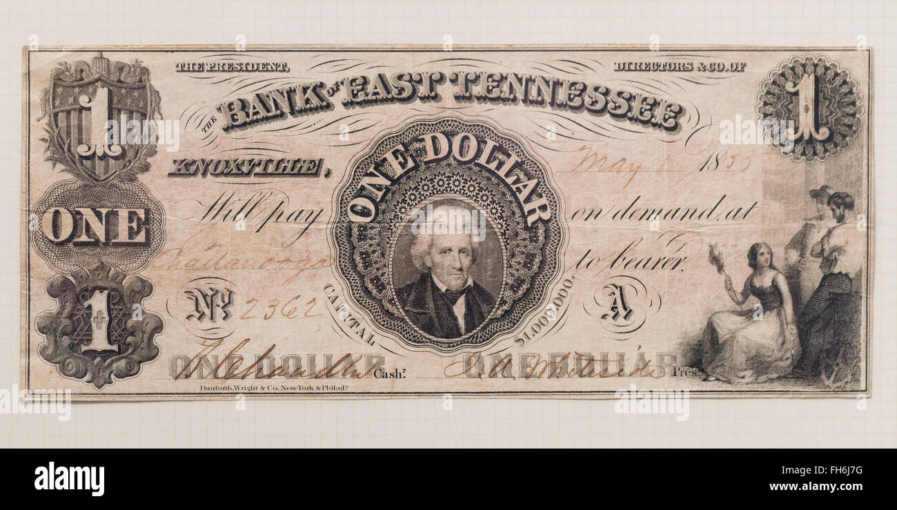 Banca del Tennessee dell'Est $1 banconota stampata dalla banca americana nota azienda, circa 1860 - USA Foto Stock