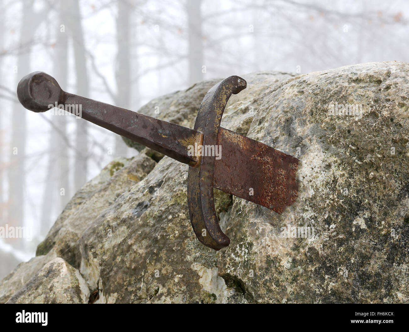 Il leggendario Excalibur spada in pietra in mezzo alla foresta in inverno  Foto stock - Alamy