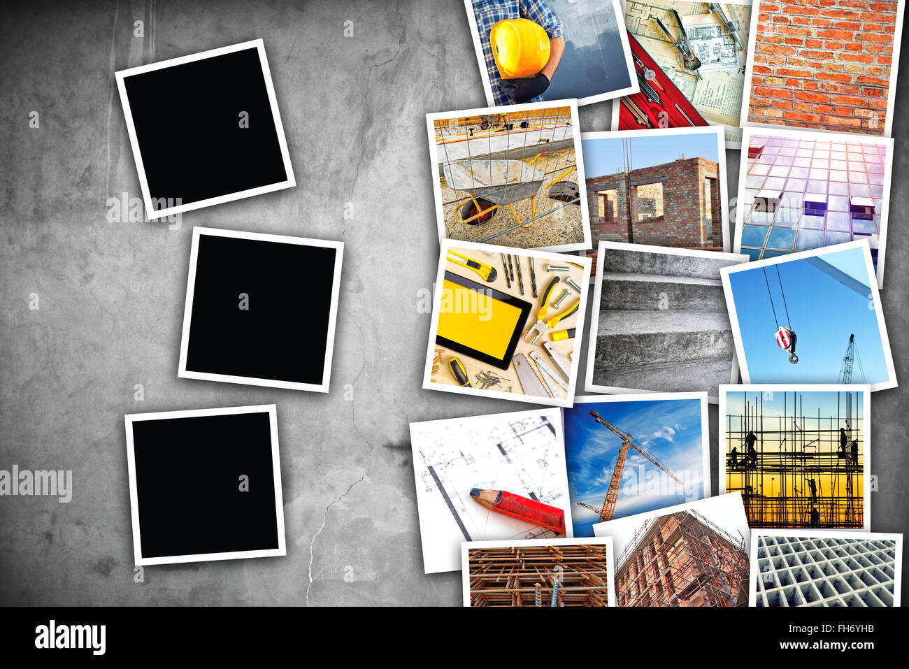 Industria edile themed photo collage con immagini impilati su calcestruzzo di cemento texture di parete come copia di spazio e tre vuoto Foto Stock