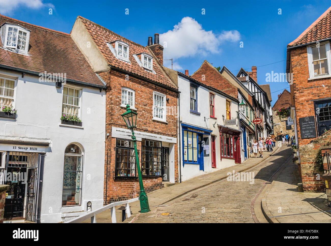 Ripida Hill attraversa la storica città vecchia di Lincoln, Lincolnshire, Inghilterra Foto Stock