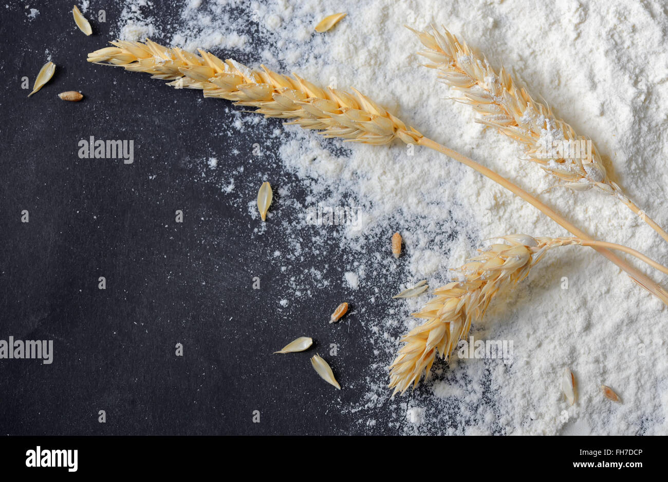 Tutta la farina di frumento e orecchie sul bordo nero Foto Stock