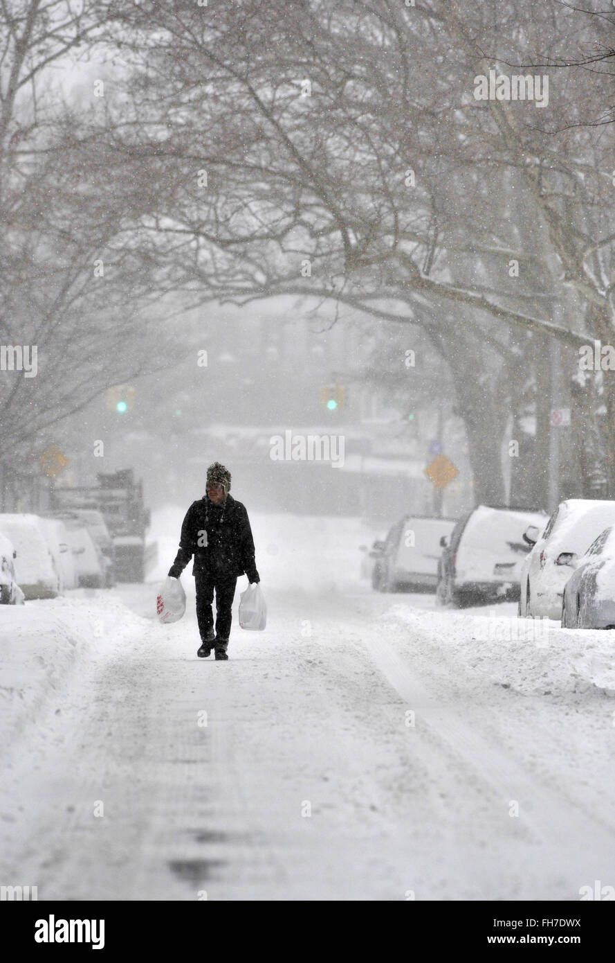 La neve continua a cadere come i Newyorkesi di Williamsburg, Brooklyn provate ad andare su ogni giorno business o tentare di godere la neve. Oltre 11 cm di neve caduti durante la notte e la neve è previsto per il resto della giornata. Questo potrebbe essere uno dei primi cinque peggiori tempeste della storia di NYC secondo sindaco della città, Bill de Blasio. Dotato di: atmosfera dove: la città di New York, New York, Stati Uniti quando: 23 Gen 2016 Foto Stock