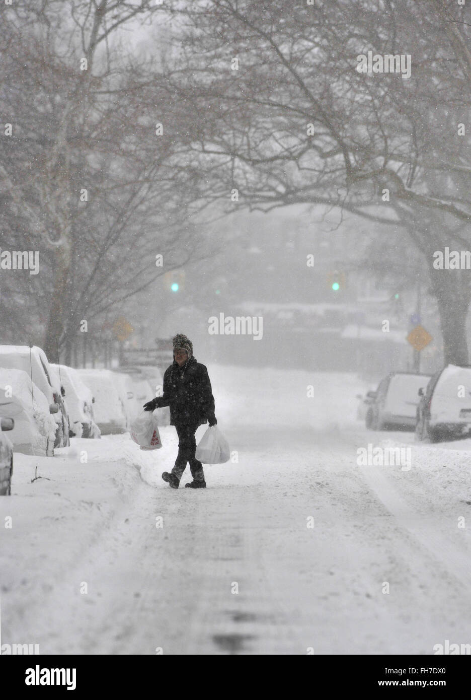 La neve continua a cadere come i Newyorkesi di Williamsburg, Brooklyn provate ad andare su ogni giorno business o tentare di godere la neve. Oltre 11 cm di neve caduti durante la notte e la neve è previsto per il resto della giornata. Questo potrebbe essere uno dei primi cinque peggiori tempeste della storia di NYC secondo sindaco della città, Bill de Blasio. Dotato di: atmosfera dove: la città di New York, New York, Stati Uniti quando: 23 Gen 2016 Foto Stock