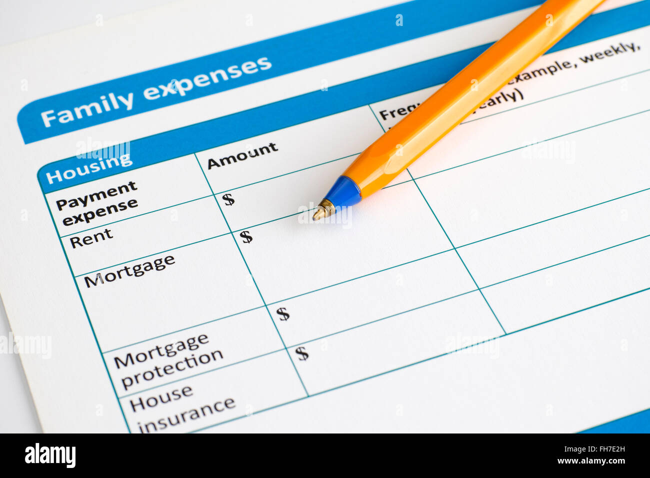 Spese di famiglia formulario con penna a sfera. Foto Stock