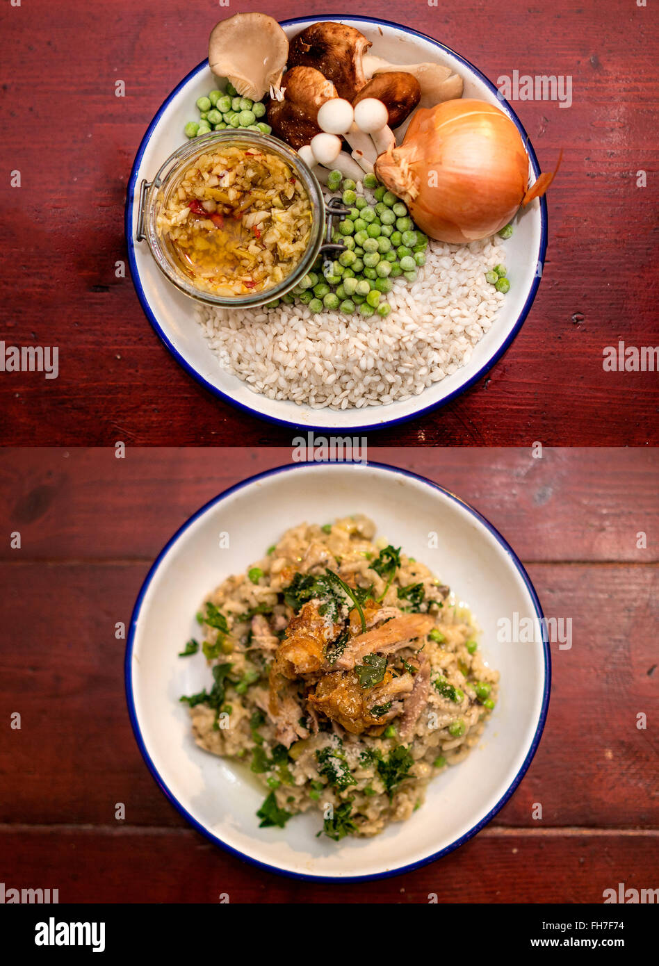 Il prima e il dopo il mangiare sano wild risotto ai funghi e croccante di coscia di pollo Foto Stock