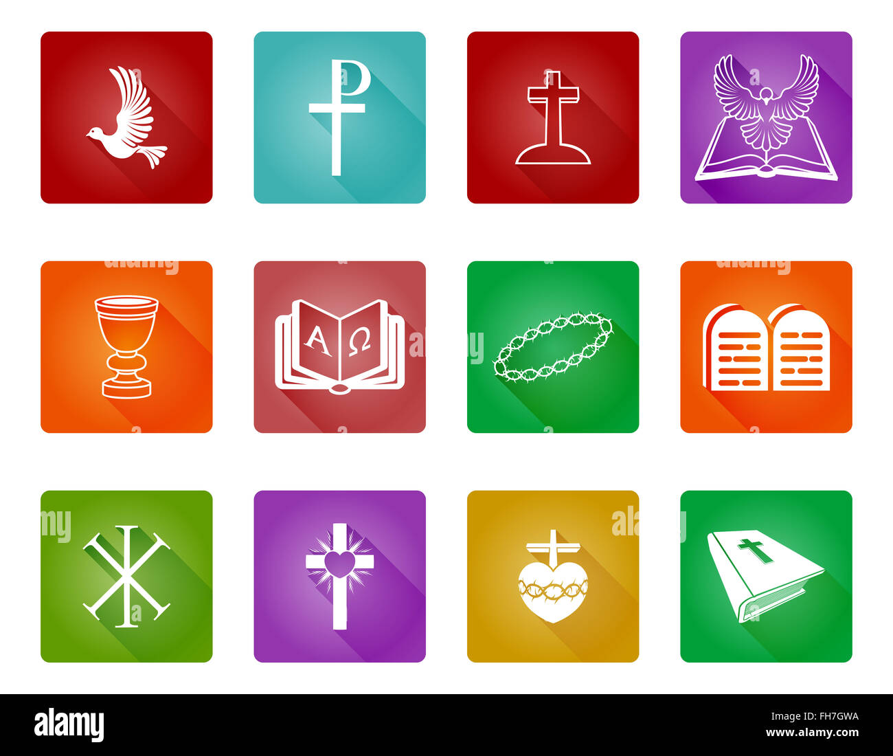 Un gruppo di religiosi cristiani icone e simboli tra cui alfa e omega la bibbia Foto Stock