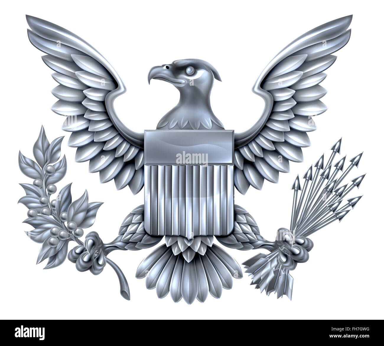 Argento metallico di acciaio American Eagle Design con aquila calva come quello che si trova sulla grande sigillo degli Stati Uniti tenendo un'oliva Foto Stock