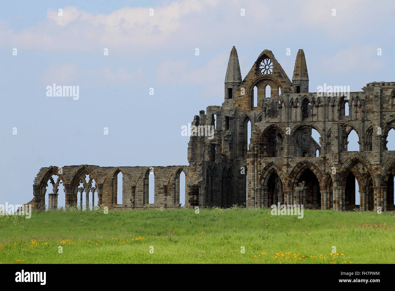 Vista panoramica di Whitby Abbey, North Yorkshire, Inghilterra. Foto Stock