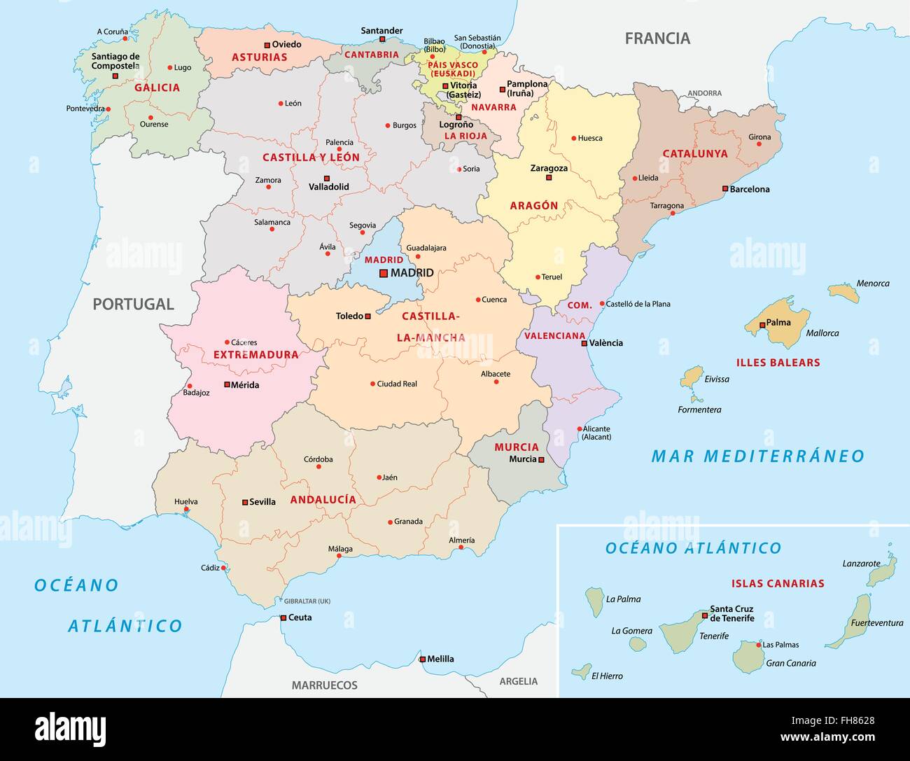 Spagna Mappa amministrativa Illustrazione Vettoriale