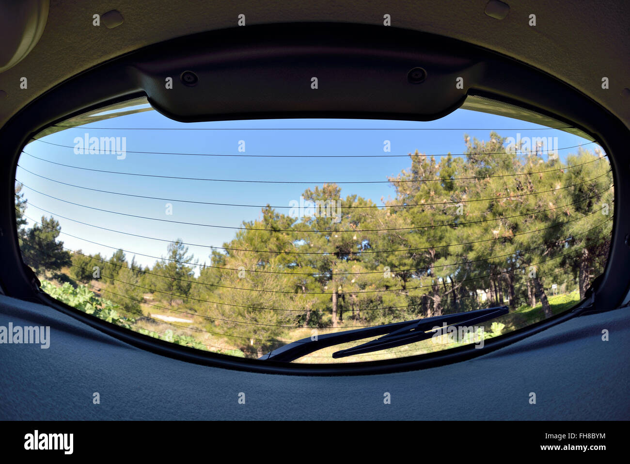 Fish-eye attraverso una finestra posteriore di un automobile Foto Stock