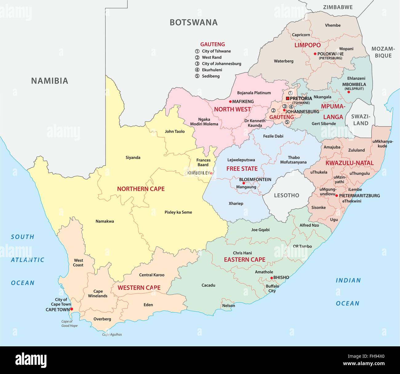 Sud Africa mappa amministrativa (province e distretti) Illustrazione Vettoriale