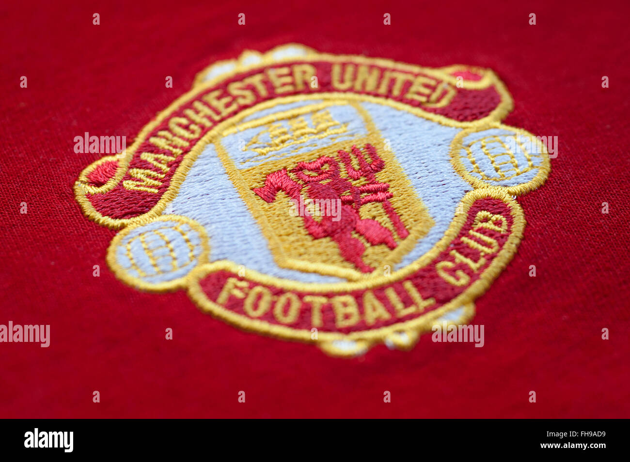Close up dei tradizionali il Manchester United Football Club badge Foto Stock