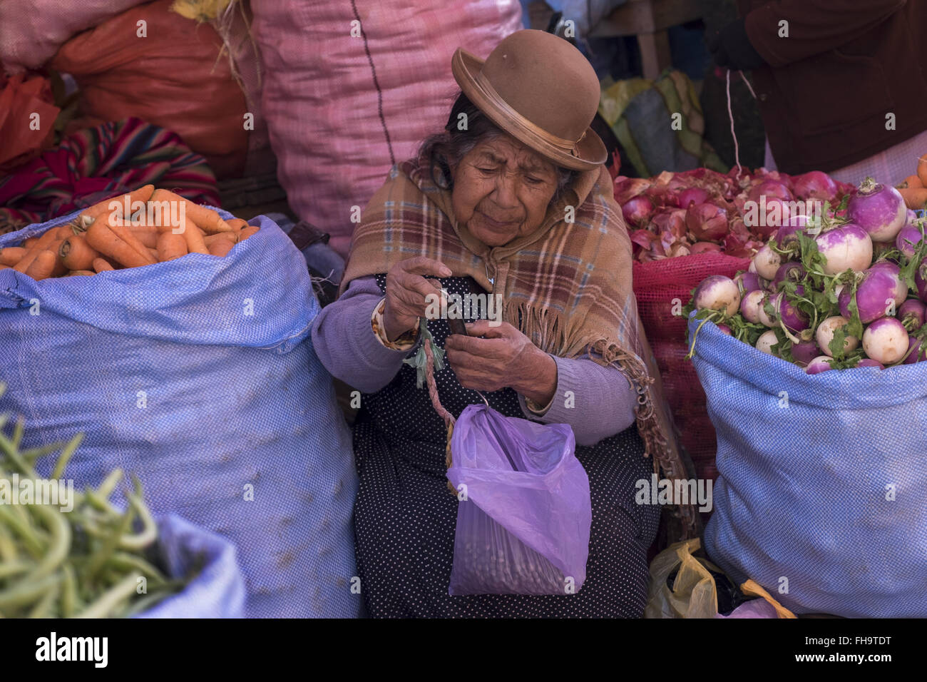 Una donna che vende i propri prodotti in un mercato a La Paz. Foto Stock