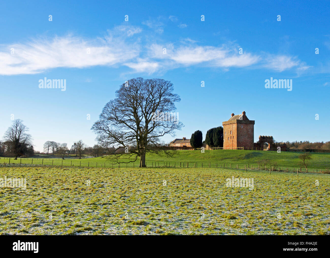Torre Kirkandrews, casa fortificata a Kirkandrews-su-Esk, Cumbria, England Regno Unito Foto Stock