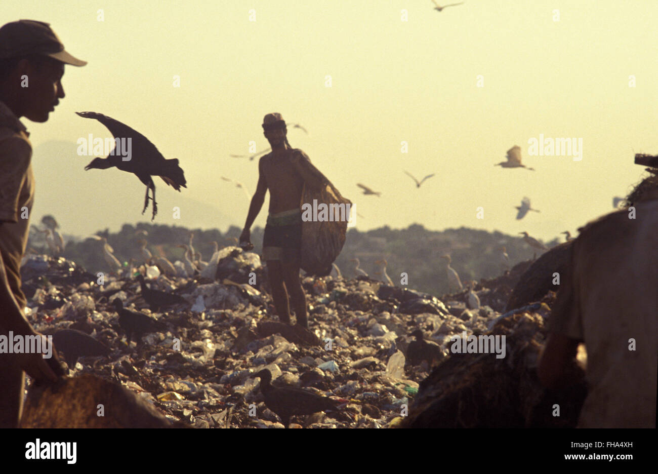 Raccoglitori ordinare attraverso il garbage trovare recyclables come mezzo di sopravvivenza al Metropolitan di discarica di Jardim Gramacho ( Aterro Metropolitano de Jardim Gramacho ) nel Duque de Caxias città, una delle più grandi discariche in tutto il mondo, chiuso nel giugno 2012 dopo 34 anni di funzionamento quando ha ricevuto la maggior parte dei rifiuti prodotti in Rio de Janeiro città - è stato avviato su un ecologicamente sensibili wetland negli anni settanta adiacente la baia di Guanabara. Foto Stock