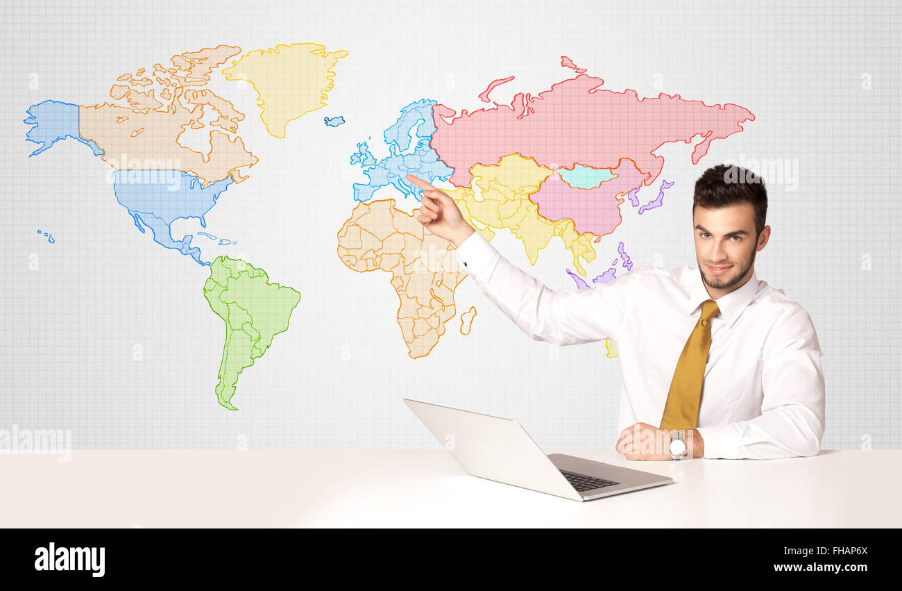 Uomo d affari con il mondo colorato sfondo della mappa Foto Stock