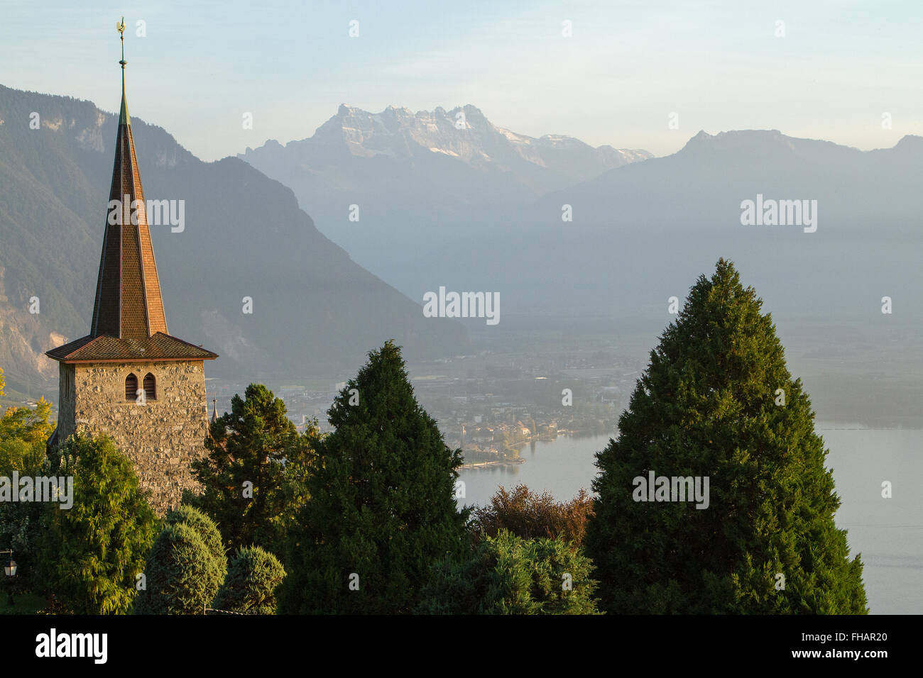 Vista sul Lago di Ginevra dalle colline di Glion svizzera Foto Stock