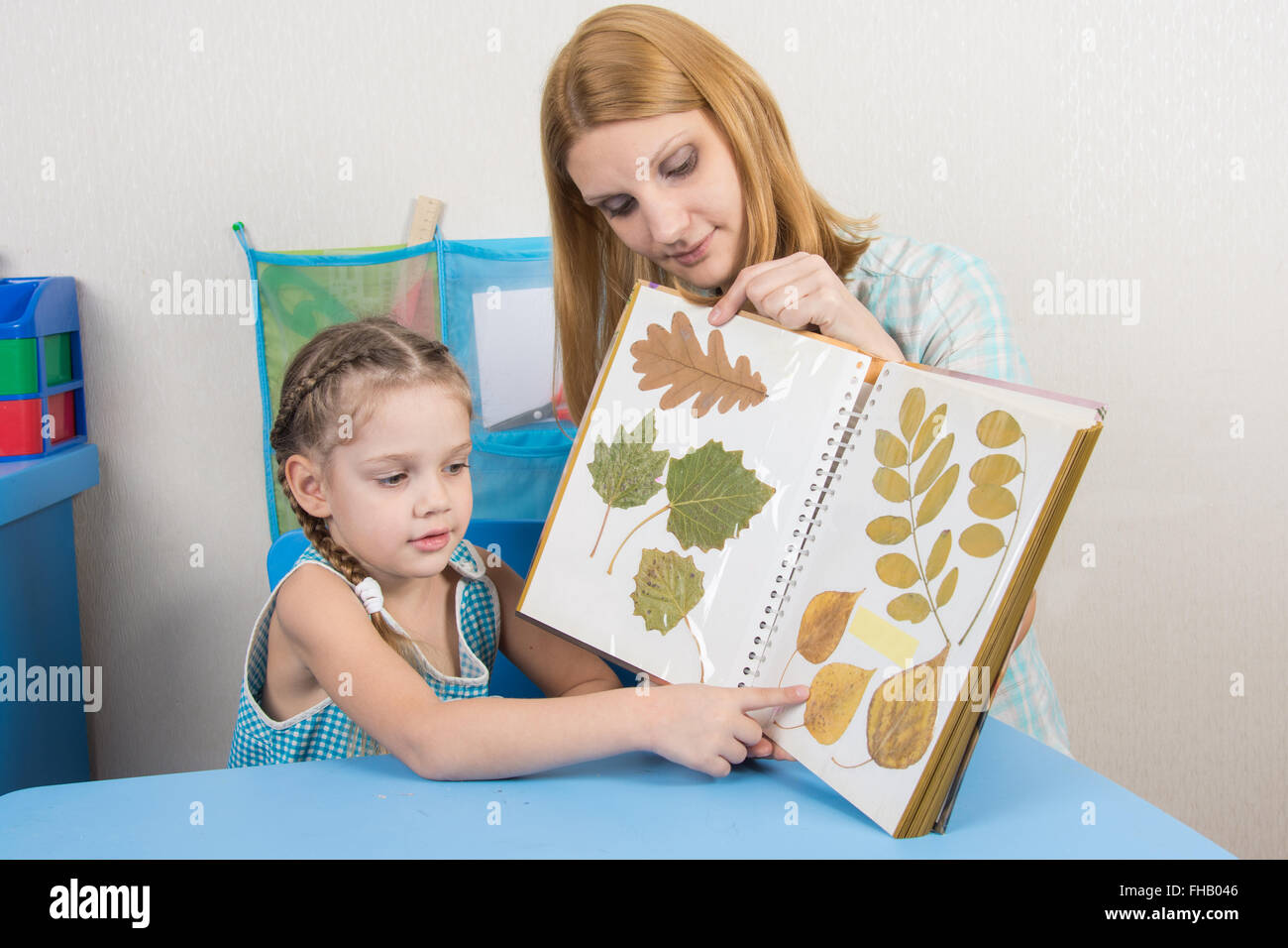Cinque anni di ragazza considerando l'erbario di foglie in album con adulto giovane bella ragazza seduta al bambini tabl Foto Stock