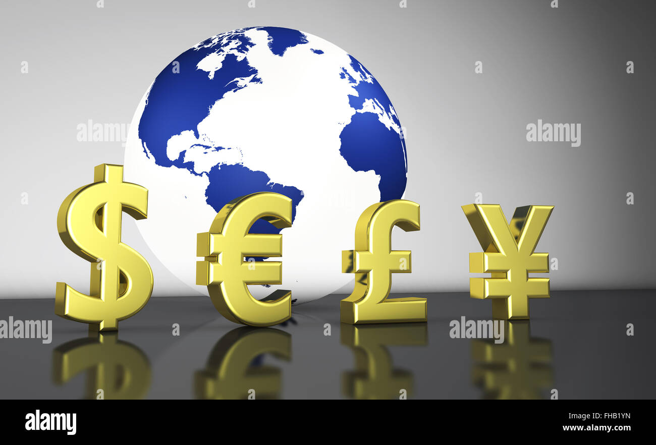 Internazionale economia mondiale con le valute e i simboli di un globo con la mappa del mondo illustrazione per cambio valuta business. Foto Stock
