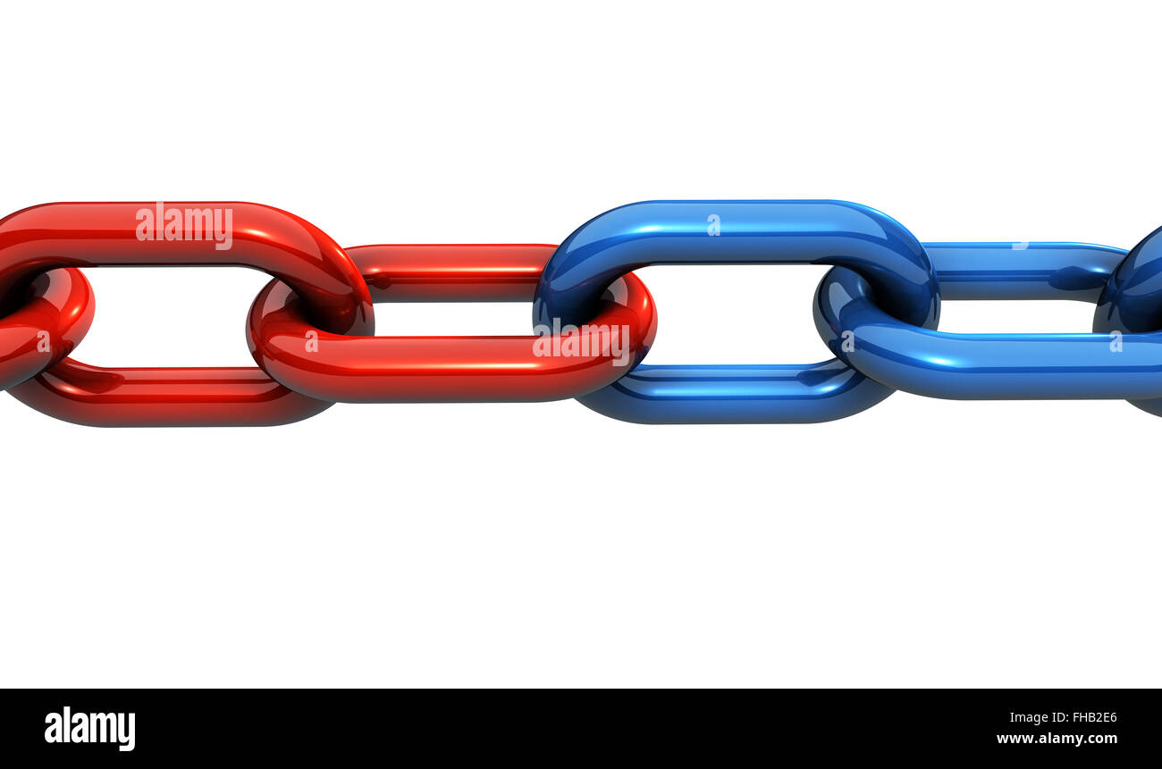 Business il lavoro di squadra e la collaborazione e il concetto di partenariato con una catena di acciaio e gli anelli in due colori illustrazione sul bianco. Foto Stock