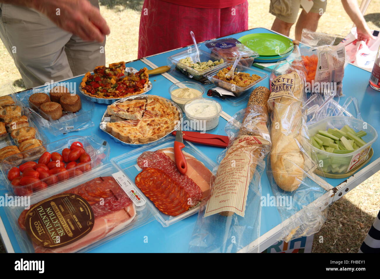 Un picnic estivo tabella per una festa di famiglia in Bushey Park, in Middlesex, England, Regno Unito Foto Stock