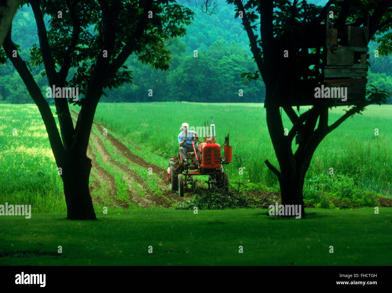 Il contadino arare i suoi campi con il vecchio trattore nella campagna della Pennsylvania Foto Stock