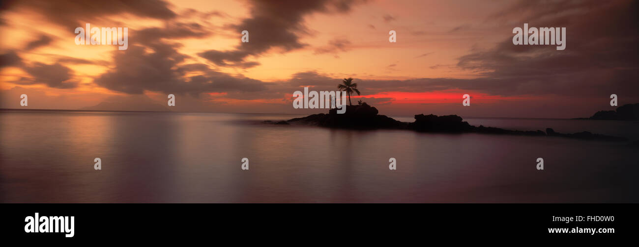 Foto panoramica del giovane su rocky point con un Palm tree off Mahe Island in Seychelles al tramonto Foto Stock