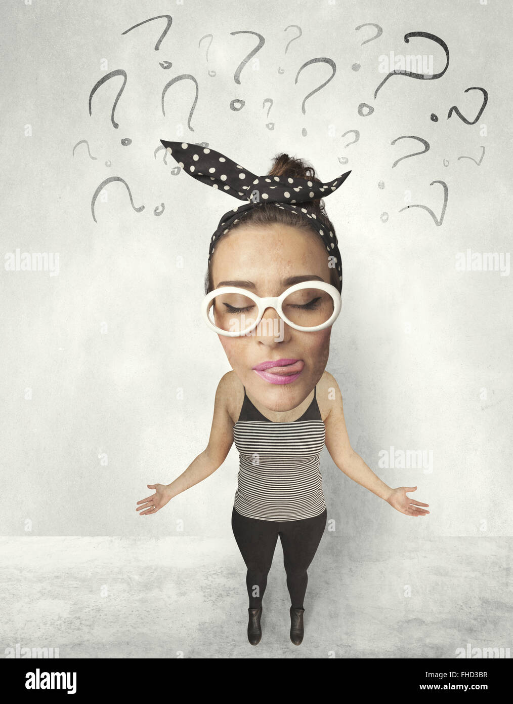 Testa grande persona con un punto interrogativo Foto Stock