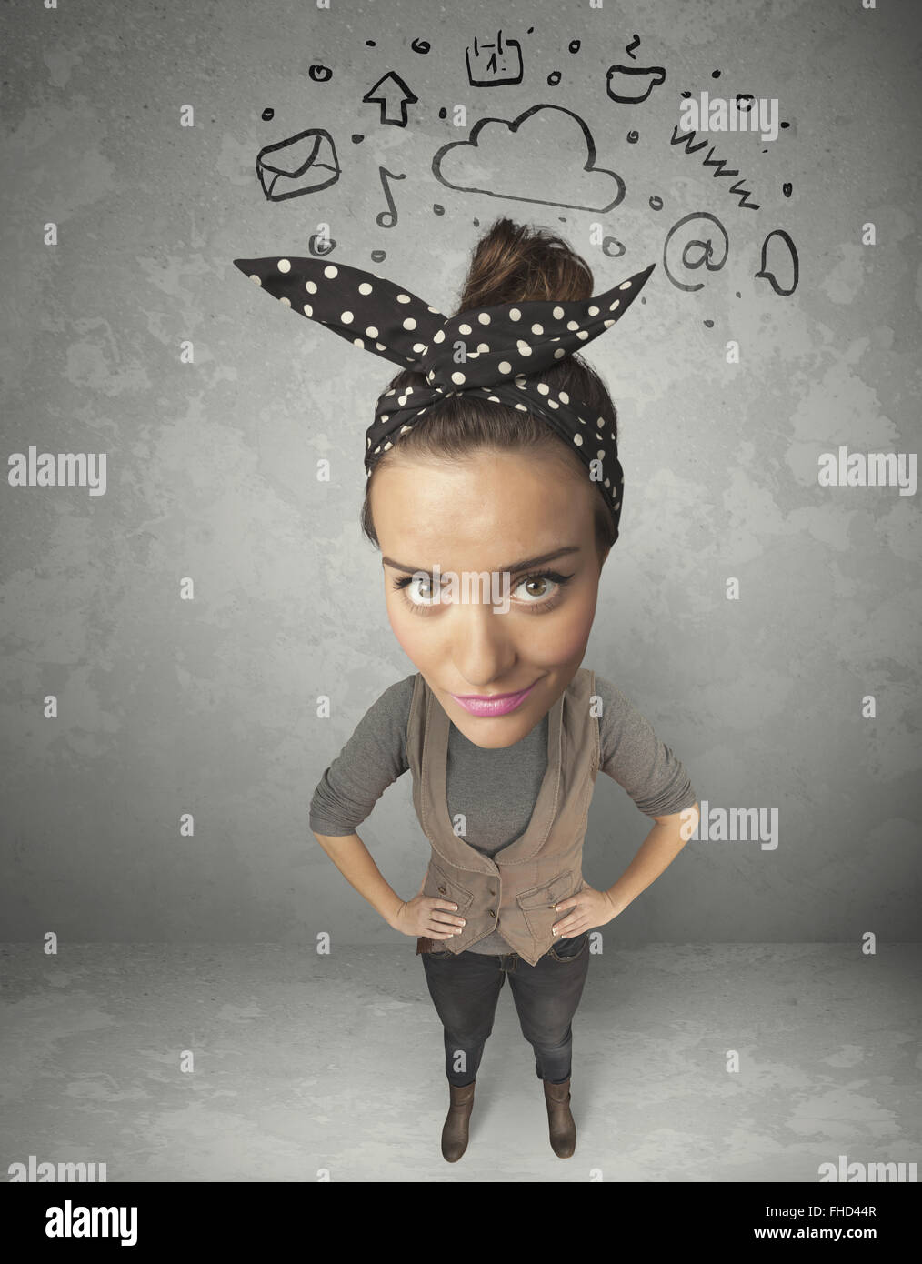 Testa grande persona con i social media segna Foto Stock