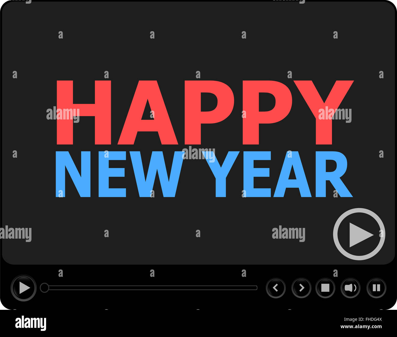 Design piatto pulsante del vettore. Felice Anno Nuovo parole su media player Foto Stock