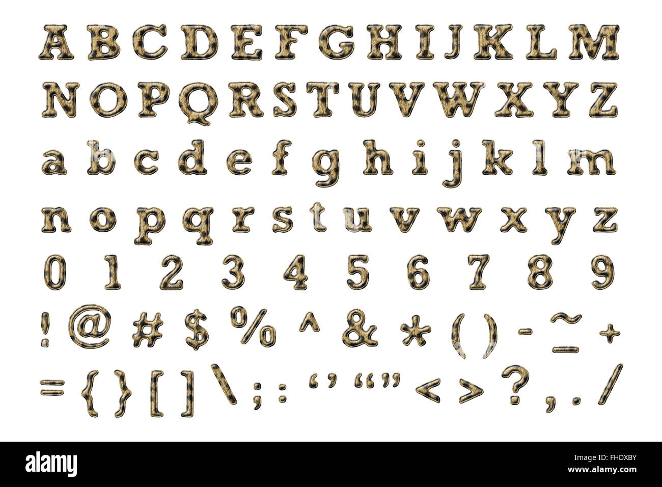 Alfabeto impostato con la iena fur texture ,bordo ruvido ,cucito di confine e stile di rilievo isolato su bianco Foto Stock