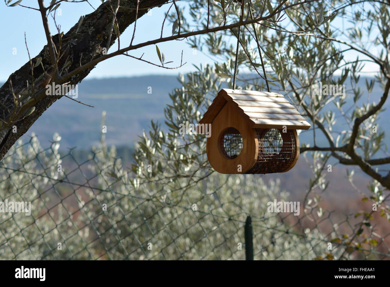 Una bella bird feeder nella forma di una cabina, su un cielo blu Giorno in Provenza, nel sud della Francia Foto Stock