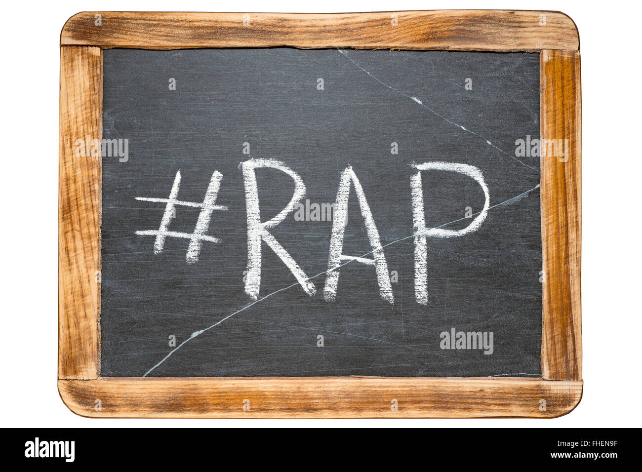 Hashtag rap manoscritta su vintage scuola scheda di ardesia isolato su bianco Foto Stock